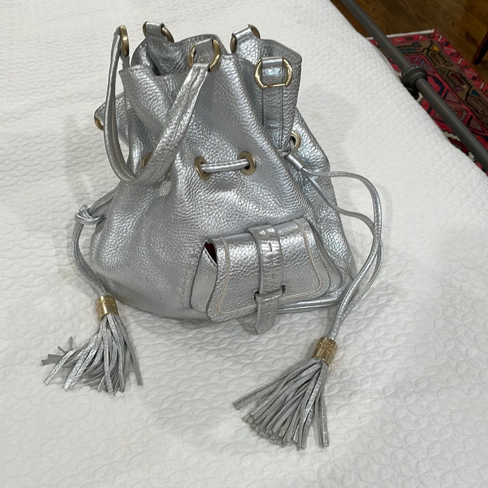 Lancel Paris metallic silver soft leather bucket bag